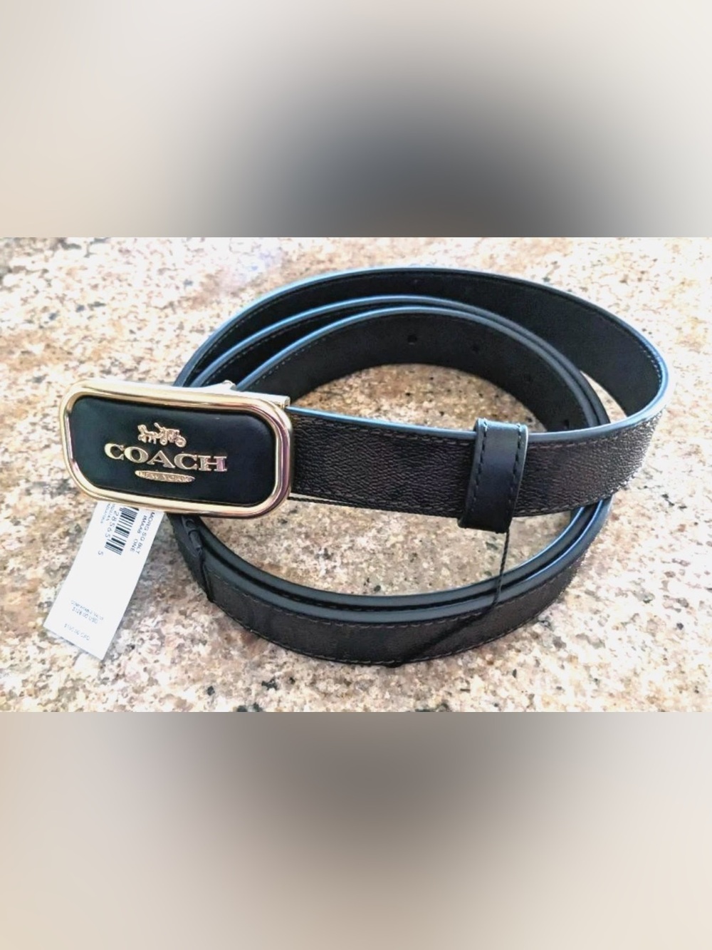 Coach Black Leather Belt with Gold-Tone Logo Buckle